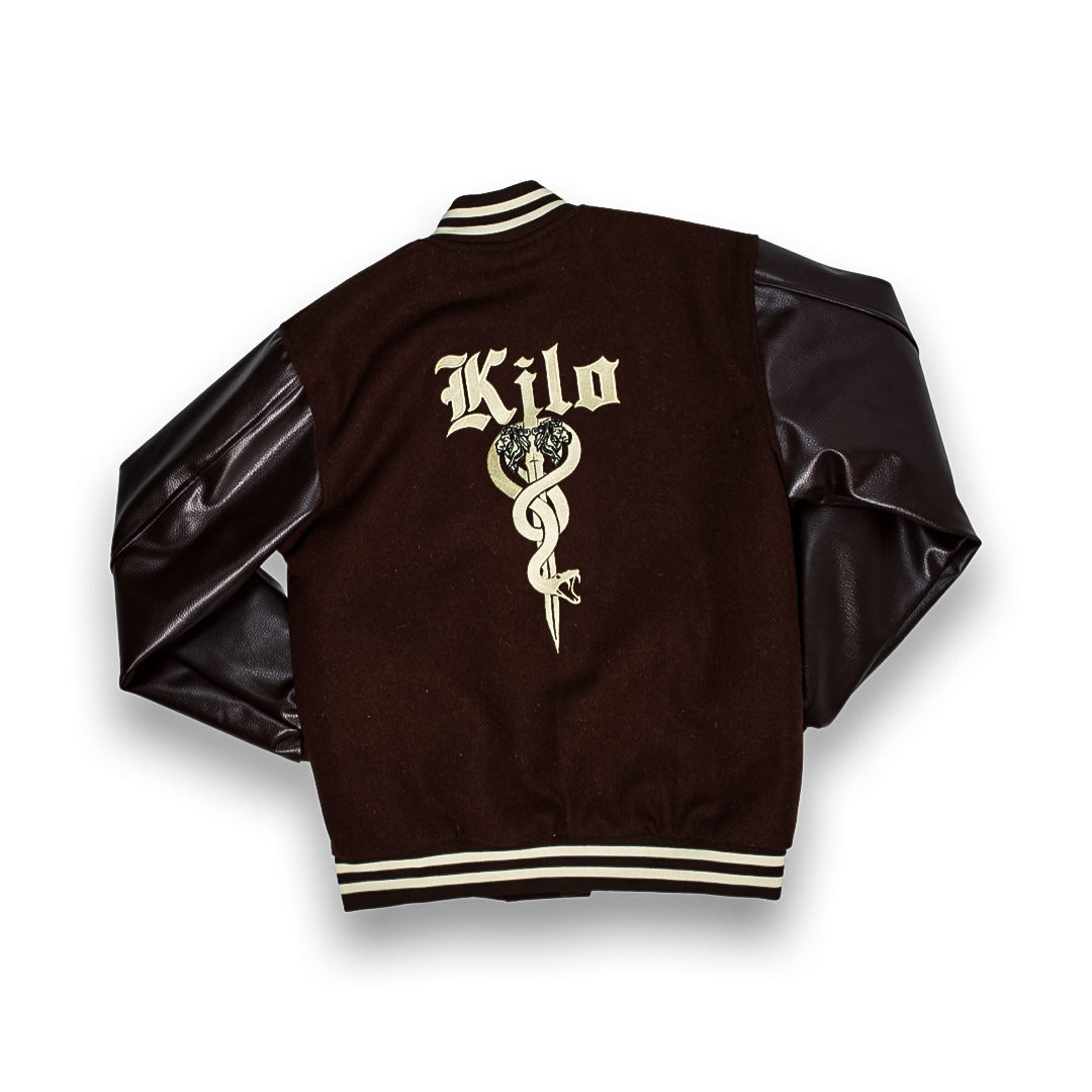 Kilo Varsity Jacket Genuine Leather Sleeves(Chocolate Brown)