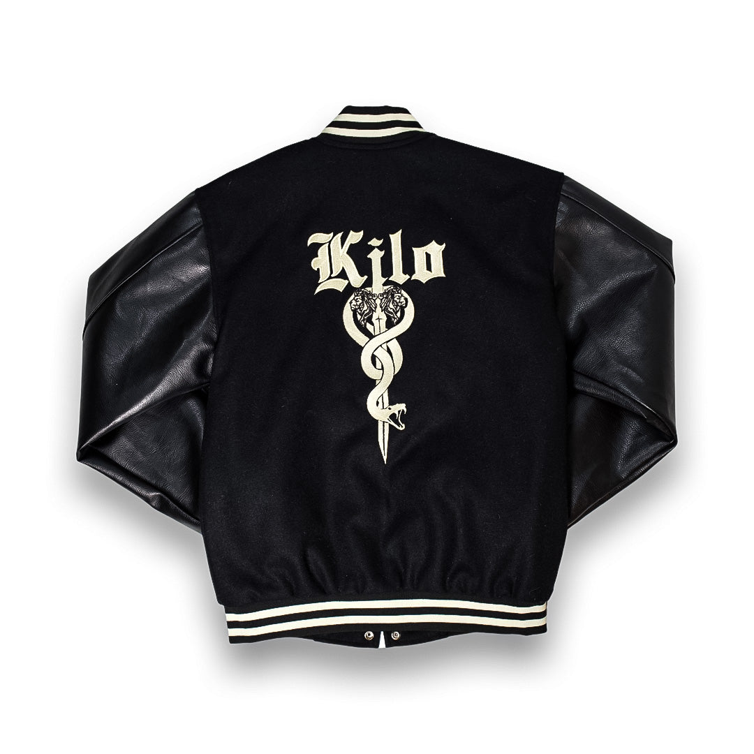 Kilo Varsity Jacket Genuine Leather Sleeves(Black)