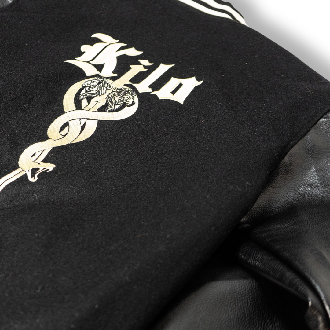 Kilo Varsity Jacket Genuine Leather Sleeves(Black)