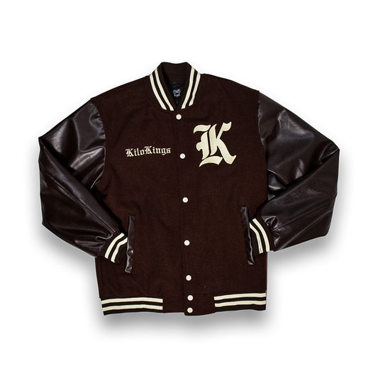 Kilo Varsity Jacket Genuine Leather Sleeves(Chocolate Brown)