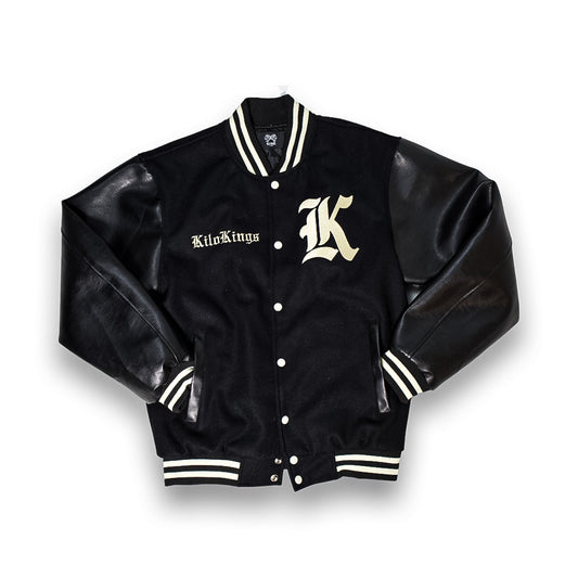Kilo Varsity Jacket Genuine Leather Sleeves(Black)